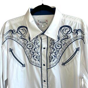 Ace of Diamonds Men's White & Blue Embroidered Western Pearl Snap Shirt Size 2X